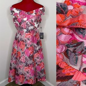 Adrianna Papell Bright Floral Jacquard Off-the-Shoulder Dress Size 16